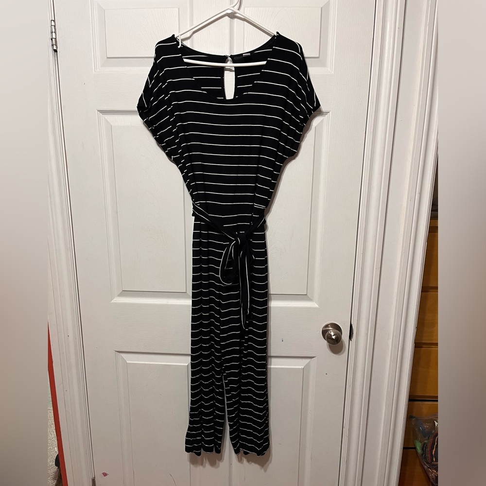 Old Navy Black and White Striped Jumpsuit with Tie Waist